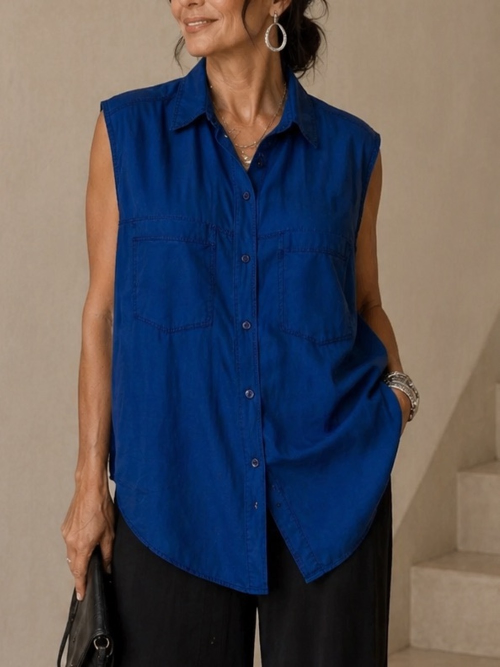 VTG 80s KIKOMO SILK Blouse Blue Sleeveless Button Front Small